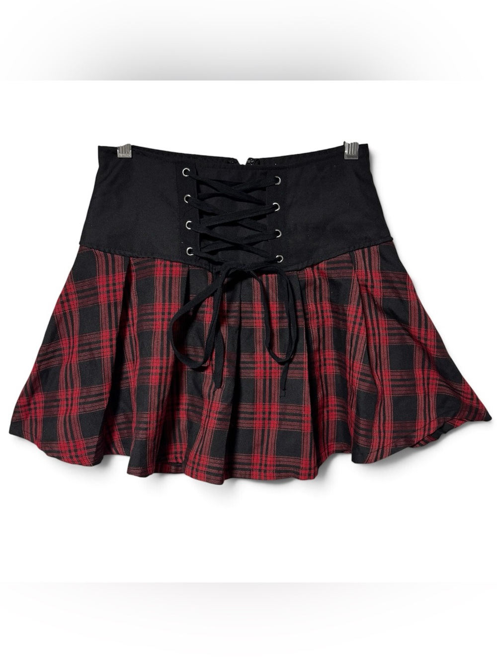 Hot Topic Red Black Plaid Corset Lace Up Mini Skirt XS Punk Goth Schoolgirl